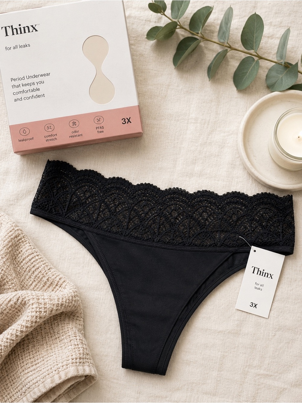 NWT Thinx Leakproof Lace Thong Panty 3X Black Period Underwear
